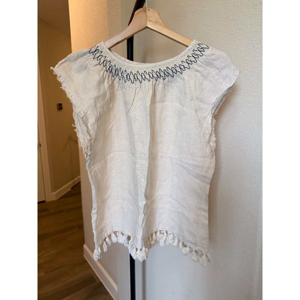 FATE 100% Linen Fringe Tassel Top Ivory Blue Boho Beach Medium